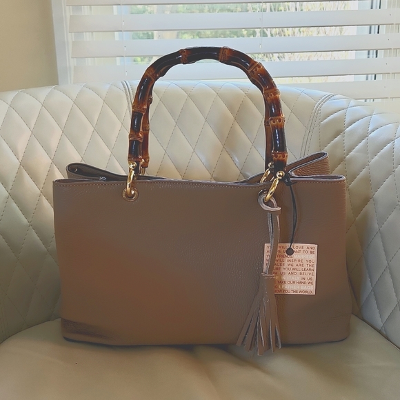 markese Bags Nwt Markese Tan Pebbled Leather Top Handle Bag With Bamboo Handle Poshmark